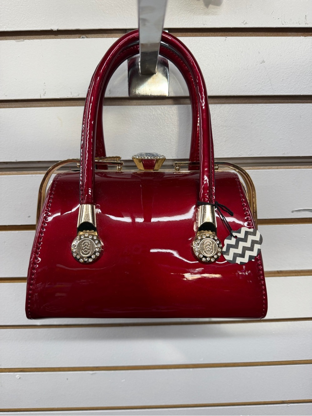 Ruby Red Patent Top Hamdle Satchel l|Rhinestone kiss Lock Evening & Cross Body B
